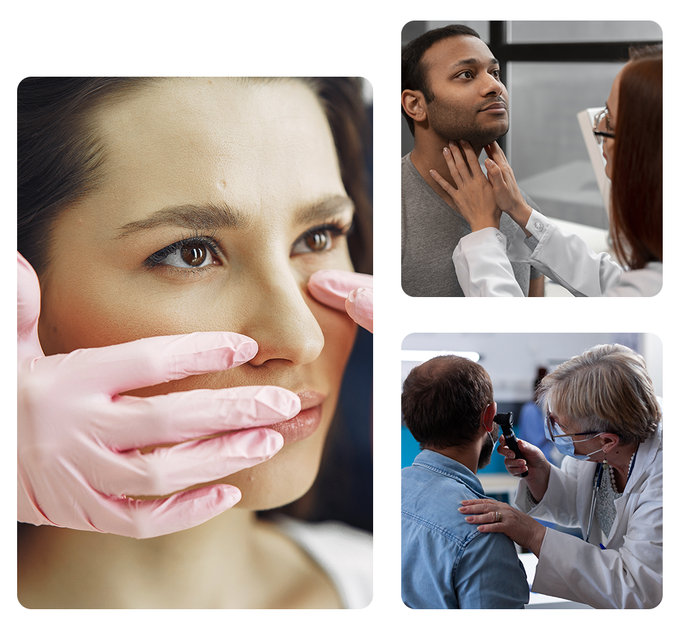Collage showing ENT specialist performing ear, nose, and throat checkups at Ashtvinayak Hospital, Mumbai