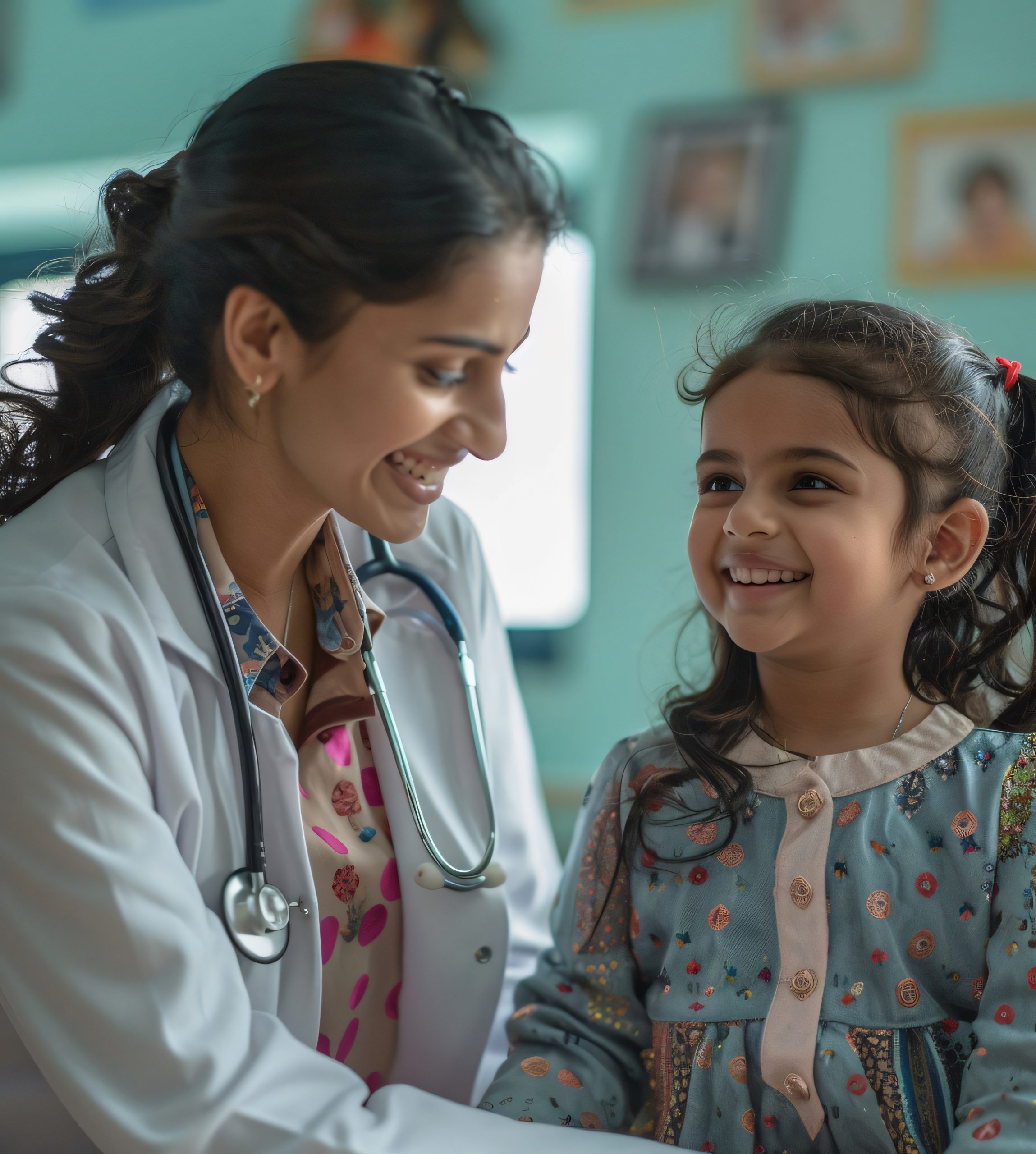 Female pediatrician smiling with a young girl during a child health checkup at Ashtvinayak Hospital, Navi Mumbai