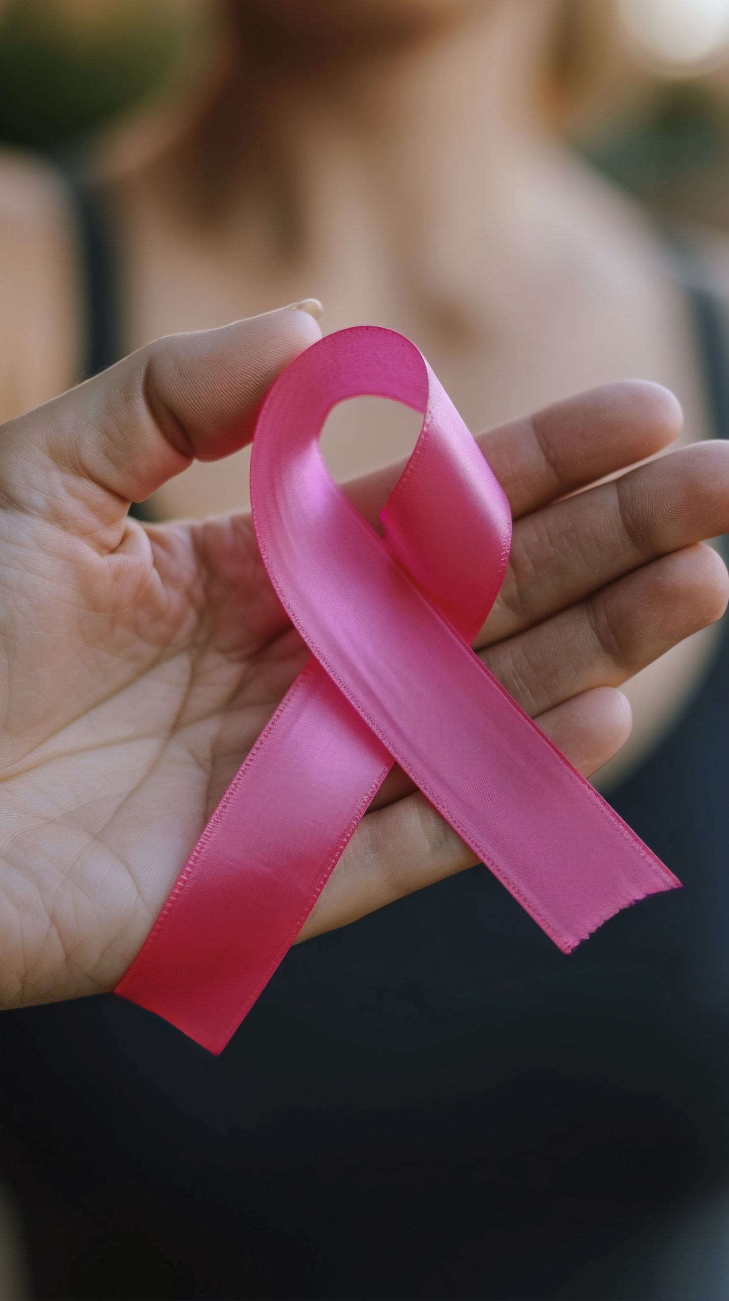 Close-up of a person holding a pink ribbon symbolizing breast cancer awareness at Ashtvinayak Hospital, Navi Mumbai